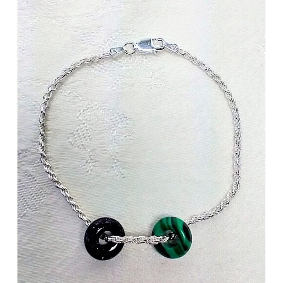 Italian 925 Wheat Chain And 2 Stone/Glass Discs 7" Chain Bracelet - Picture 5 of 12